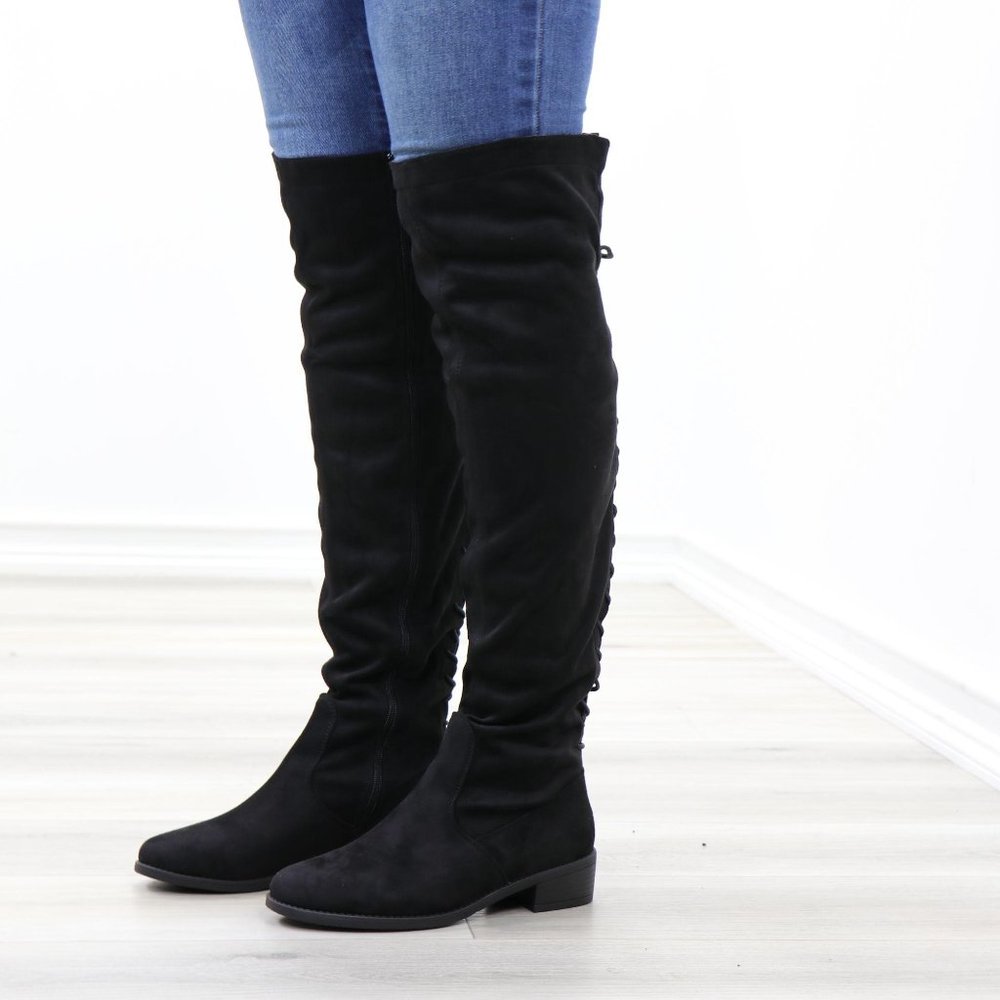 Low Heel Faux Suede Black Thigh High Boots - Picture 10 of 14